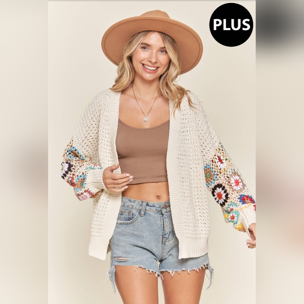 (Plus) Women’s Crochet Cardigan, Open Front Knit Sweater, Multicolor Sleeves